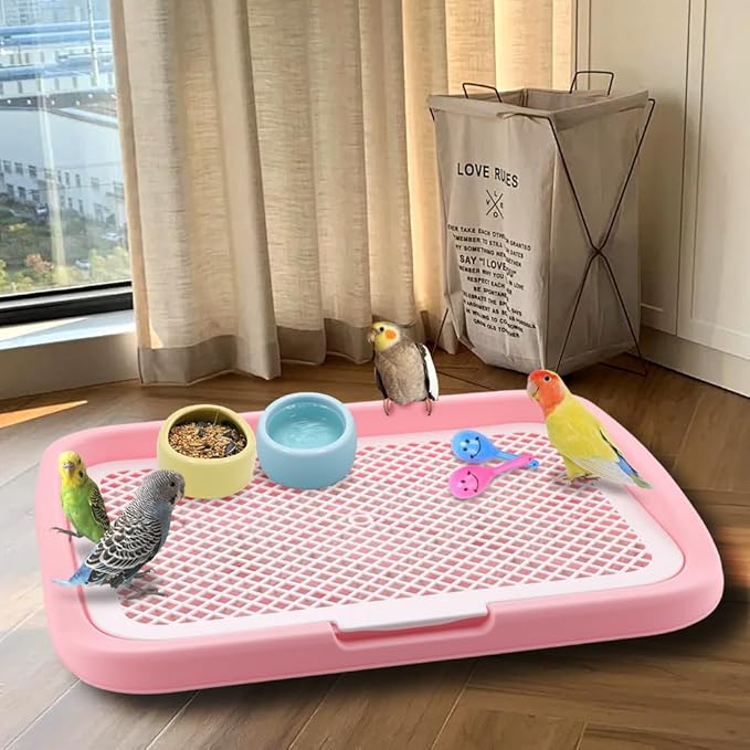 Bird Feeding Table Large Birdkeeping Station Birdcage Accessories for Bird Parrot Parakeet Budgies Cockatiel Lovebird (Pink)