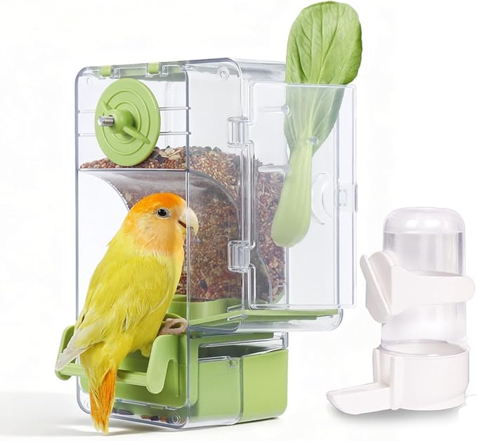 No Mess Bird Feeder with Veggie Skewer and Water Bottle Set, 15oz Feeder with Seed Hull Catcher + 4.7oz Leak-Proof Dispenser, Cage Accessories for Cockatiels, Conures, Parakeets, Lovebirds (Green)