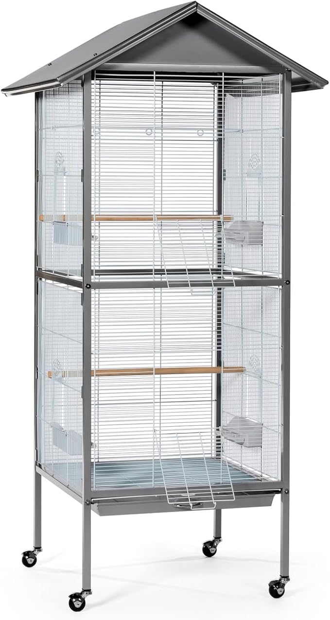 Prevue Pet Products Aviary Large Flight Cage - Powder‑Coated Standing Metal Bird Cage with Wheels, Perches, Feeders & Removable Tray, Ideal for Parakeets, Cockatiels, Canaries & Small Birds - Grey