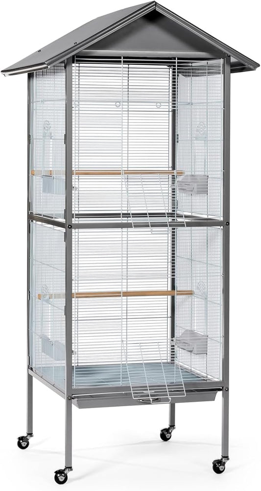 Prevue Pet Products Aviary Large Flight Cage - Powder‑Coated Standing Metal Bird Cage with Wheels, Perches, Feeders & Removable Tray, Ideal for Parakeets, Cockatiels, Canaries & Small Birds - Grey