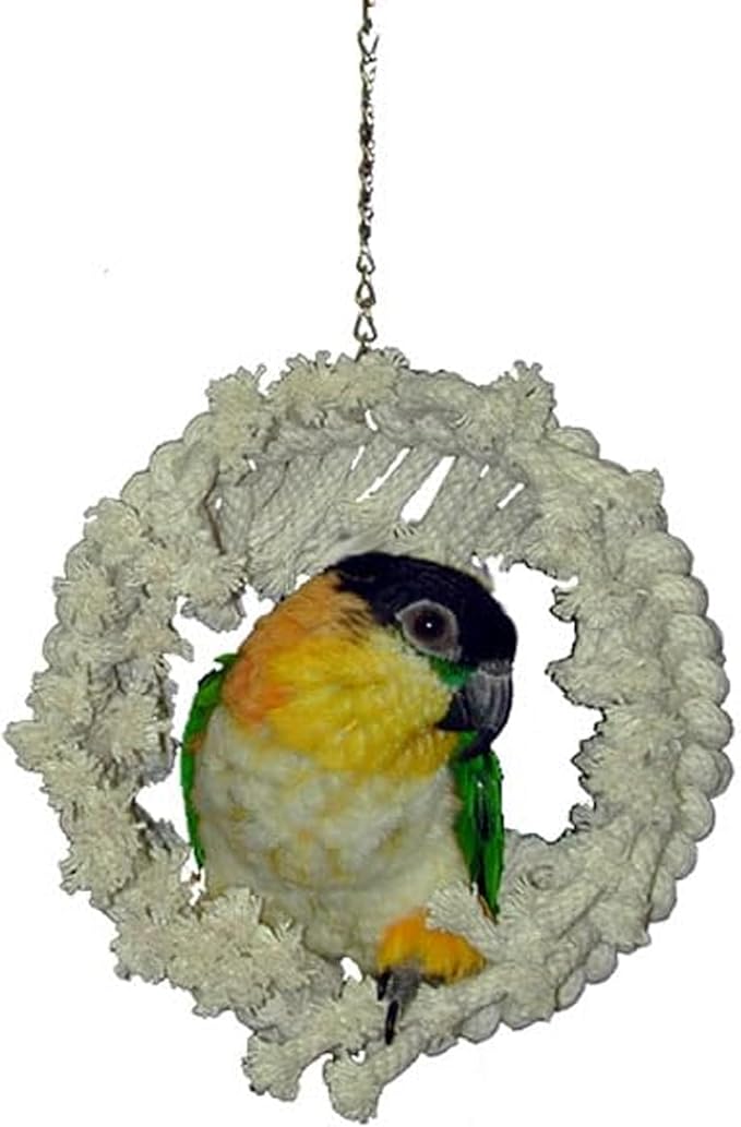Super Bird Creations SB130 Snuggle Ring Bird Toy - Comforting Cotton Rope Hideaway - Durable Steel Ring, Safe Cage Attachment - Ideal for Cockatiels, Parrots - Small/Medium Birds - 9" x 7" x 3"