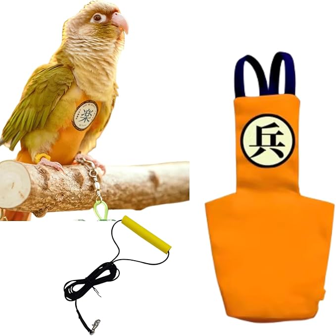 MANON ROSA Bird Diapers Leash Set Washable Reusable Handmade Flight Suit Waterproof Inner Layer - Protective Parrot Nappy Clothes Parakeets Macaws Budgies Canaries (Orange2,Green-cheeked Conures)