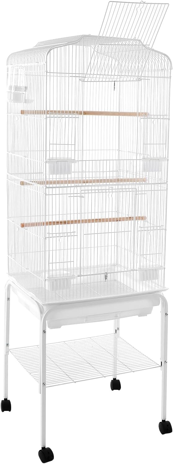54 inch Metal Bird Cage,Large Parakeet Cages for Parrot,Cockatiel, Lovebird,Birdcage with Wheels,Roof Top,Storage Shelf (White)