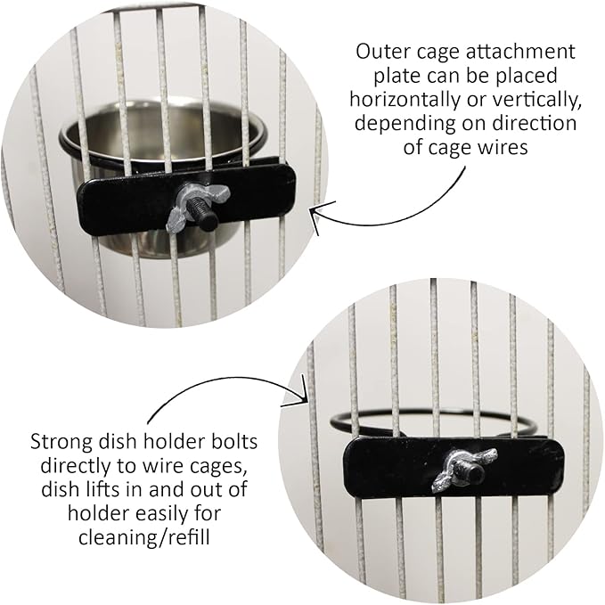 Stainless Steel Cup w/Holder - Durable Metal Mountable Food & Water Dish - Sugar Gliders, Hedgehogs, Chinchillas, Rats, Ferrets, Guinea Pigs, Rabbits, Squirrels, Birds (5 oz., Silver)