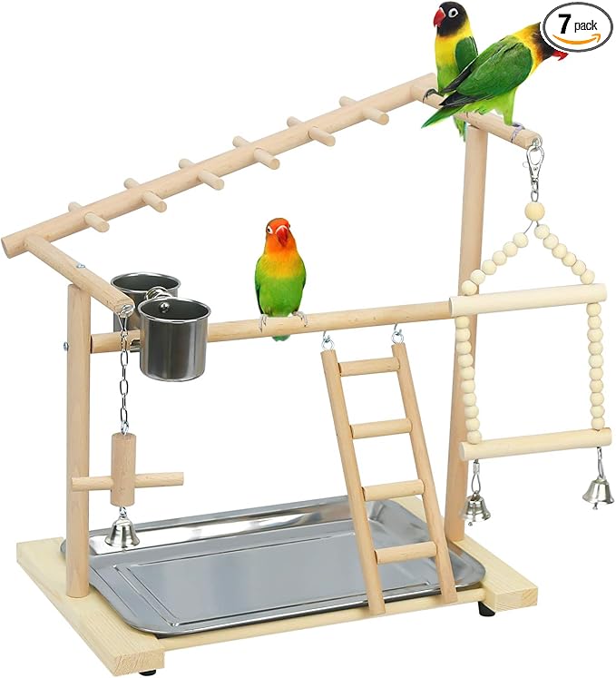 Parrot Playstand Bird Playground Birdcage Wood Perch Stand Ladder Swing with with Feeder Cups Birds Play Gym Cockatiel Playground Include Hanging Bell Swing Ladders