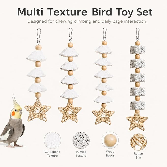 4 Pack Hanging Bird Chew Toys for Small Birds Cuttlebone and Pumice Cage Toys with Rattan Star and Wood Beads for Cockatiel Budgie Parakeet Conure Lovebird