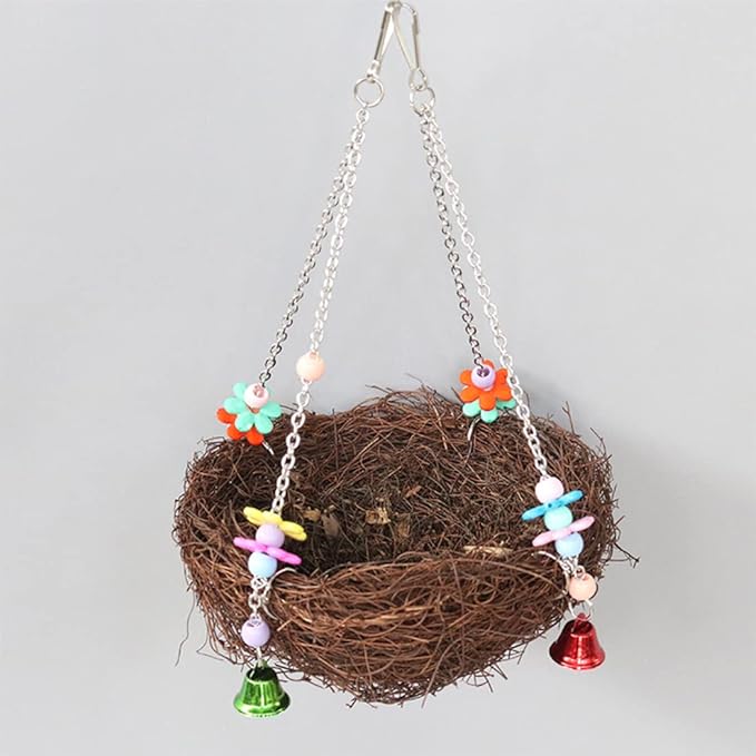 Natural Rattan Nest Small Medium Large Bird Swing with Bells for Parrot Parakeet Cockatiel Conure Cockatoo Macaw Amazon African Grey Lovebird Finch Canary Budgie Cage Perch Toy (Large)