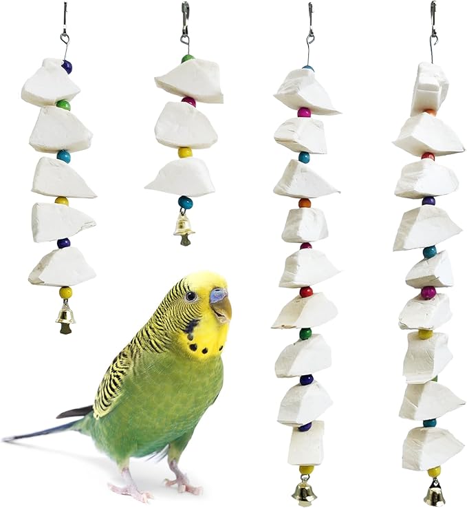BNOSDM Bird Toys with Cuttlebone 4 Pack Hanging Cuttle Bone Chew Toys Natural Bird Beak Grinding Stone Parakeet Calcium Toys Bird Cage Accessories for Budgies Cockatiels Lovebirds Conures Parrots (9)