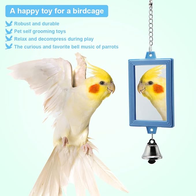 Litewoo 3-Piece Parrot Mirror Toys with Bell Pendant Toy for Bird Parakeet Cockatiel Budgie Conure（Square）