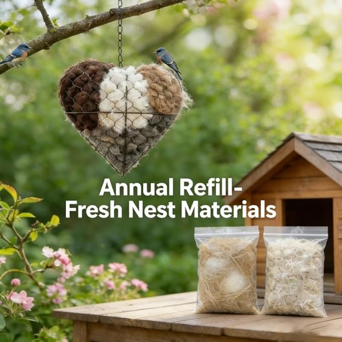 Handmade Fiber Bird Nesting Heart, Hanging Bird Nest Material Holder, Refillable Birds Haven, Alpaca Fiber Birds Material House for Outside Home Garden Yard Patio, Winter Fowl Gift (2PCS)