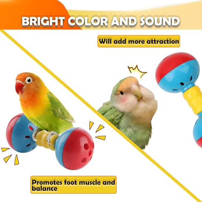 DQITJ 4 Pcs Bird Barbell Dumbell Foot Toy Bird Rattles Bells Enrichment Playing Accessories for Small Bird Parrot Finch Parakeet Cockatiel Conure
