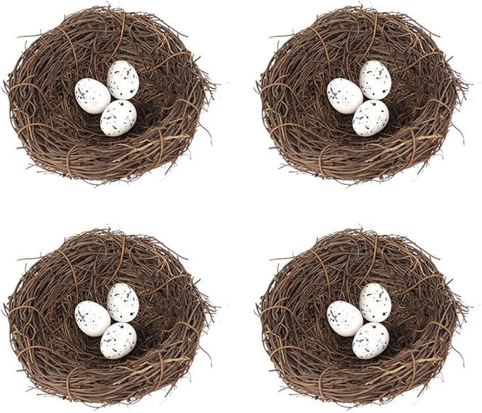 Artificial Birds Nest,4 Set Handmade Natural Easter Fake Birds Nest Rattan Bird Nests Decoration Simulation Bird Nest for Wedding Home Garden Party Decor,12cm with 3PCS Egg Ornaments