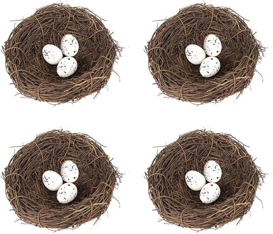 Artificial Birds Nest,4 Set Handmade Natural Easter Fake Birds Nest Rattan Bird Nests Decoration Simulation Bird Nest for Wedding Home Garden Party Decor,12cm with 3PCS Egg Ornaments
