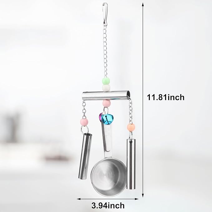 Hypeety Stainless Steel Bird Bell Toys Heavy Duty Hanging Spoons Rings Safe Metal Cage Hanging Bells Toy for Cockatoos Macaws African Grey Large Parrots and Birds (Bells+Spoon)