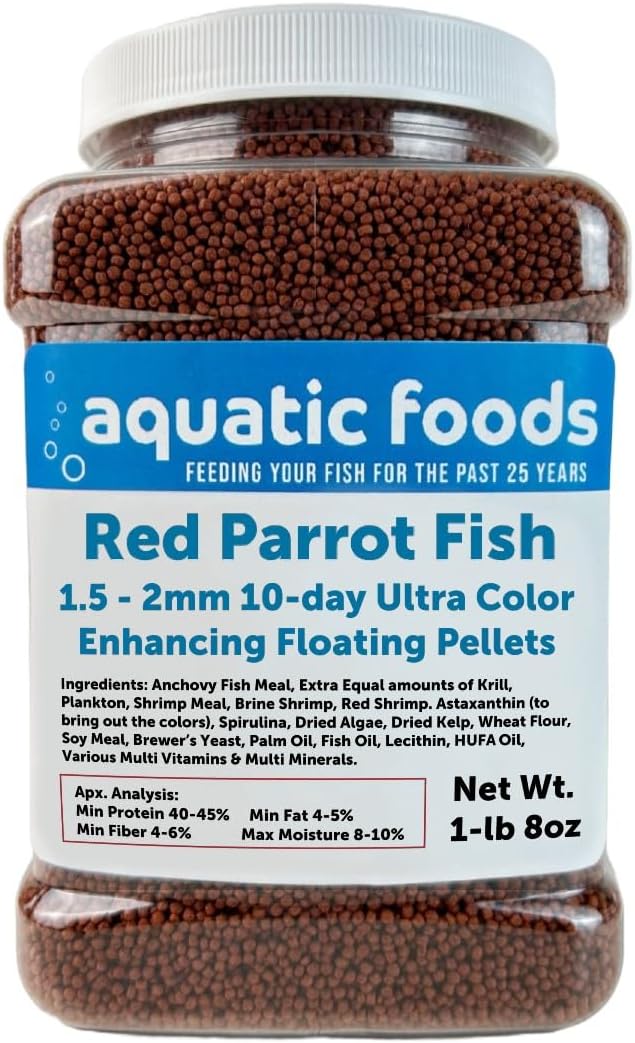 Red Parrot Fish Ultra Red Color Enhancing 1.5mm-2mm Floating Pellets. Color Enhancing in 10-Days for Baby, Juvenile and Adult Red Parrots…1-lb 8oz Medium Jar