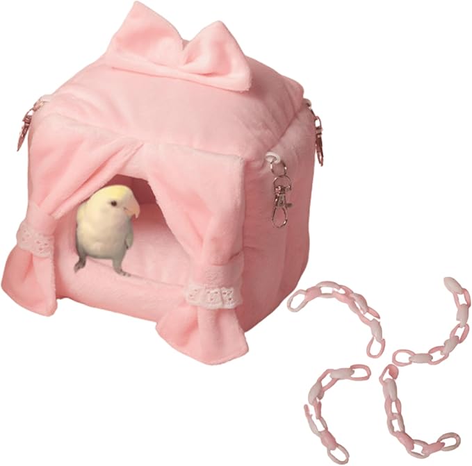 Warm Bird Nest with Hooks and Acrylic Chains Bird Cage Accessory Parrot Hammock Swing Small Animal Hanging Bed for Lovebird Conure Cockatiel (Pink,S)