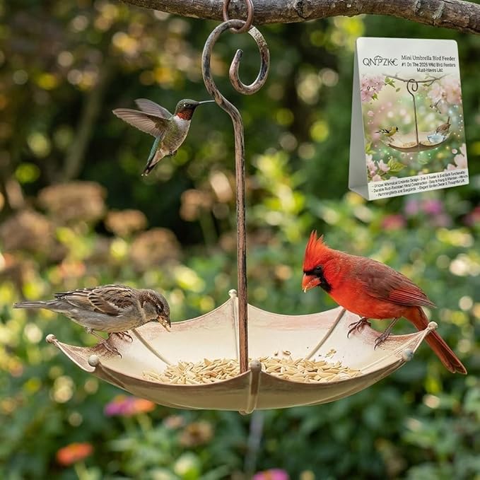 Mini Umbrella Bird Feeder Whimsical Garden Charm Hummingbird Feeders Station for Outdoors Hanging Metal Tray Birds Bath Waterer Shade Cover Garden Gifts for Wild Patio Yard Tree Decor