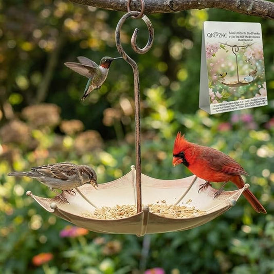 Mini Umbrella Bird Feeder Whimsical Garden Charm Hummingbird Feeders Station for Outdoors Hanging Metal Tray Birds Bath Waterer Shade Cover Garden Gifts for Wild Patio Yard Tree Decor