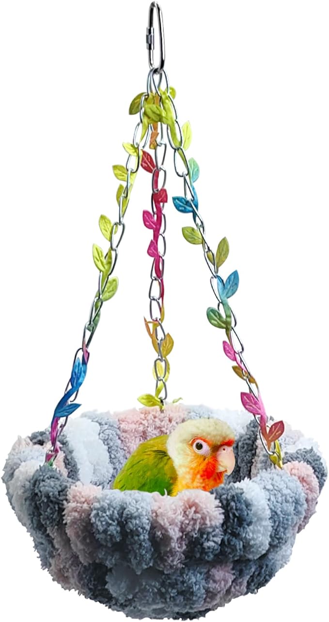 kathson Hanging Bird Bed, Bird Hammock for Cage Winter Warm Bird Plush Nest Parrot Sleeping Bed for Budgie Lovebird Conure Quaker (Diameter 6.3 in, Grey)