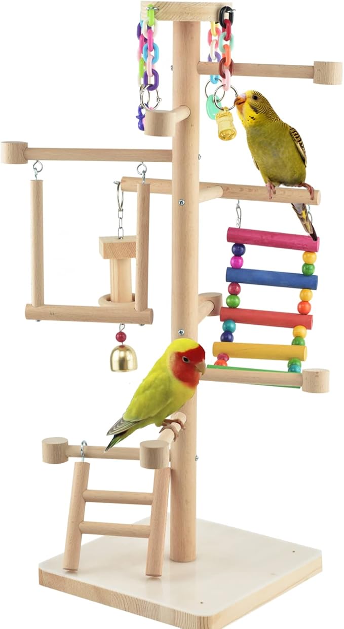 Bird Playground Large Tabletop Parrots Play Gyms Parakeets Play Stands Perches Conures Chewing Toy Natural Wood Playpen Platform Ladder Swing Activity Center for Cockatiels Budgies Lovebirds