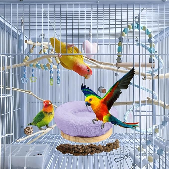 2Pcs Bird Perch Stand Platform Plush Parrot Hanging Hammock Warm Bird Nest Snuggle Hut Birds Sleeping Bed Wood Perch for Parrot,Budgies,Parakeet,Cockatiels,Conure,Lovebirds-Purple&Brown