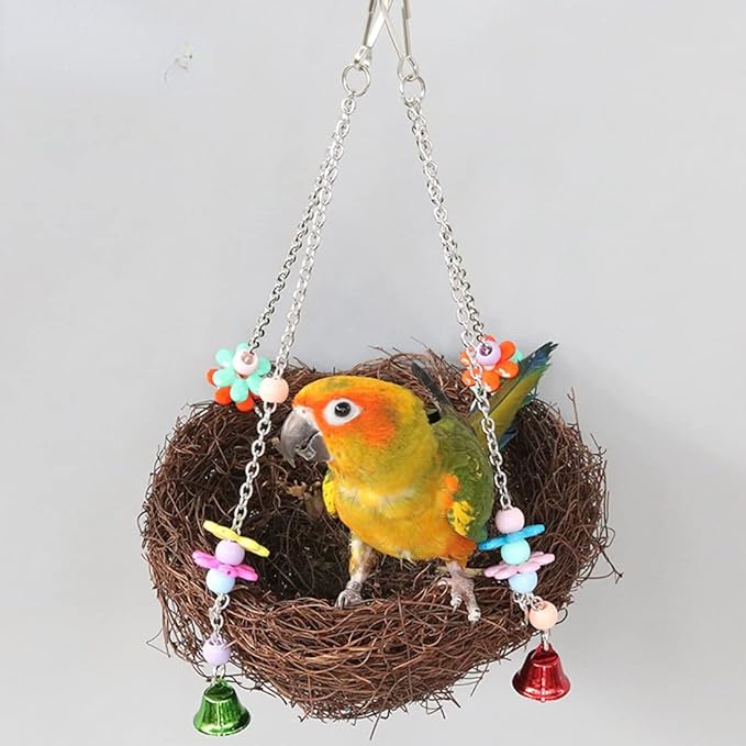 Natural Rattan Nest Small Medium Large Bird Swing with Bells for Parrot Parakeet Cockatiel Conure Cockatoo Macaw Amazon African Grey Lovebird Finch Canary Budgie Cage Perch Toy (Large)