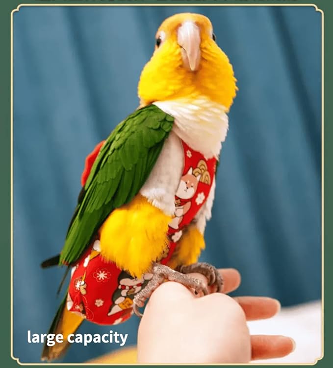 Bird Flight Suits Diapers for Monk Parakeets, Cockatiels, Parrot Clothes, Training Nappy Suit Liners (Large, Red-A)