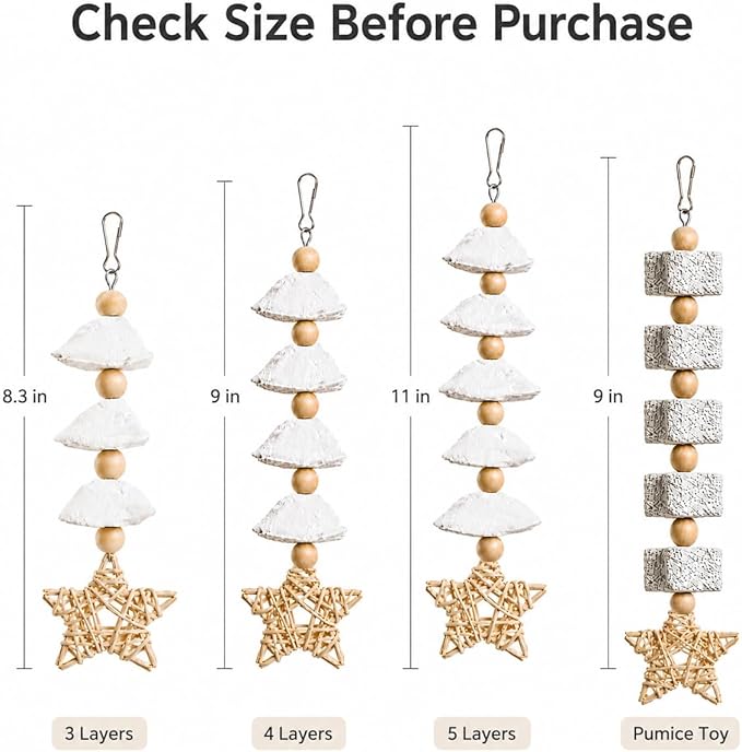 4 Pack Hanging Bird Chew Toys for Small Birds Cuttlebone and Pumice Cage Toys with Rattan Star and Wood Beads for Cockatiel Budgie Parakeet Conure Lovebird