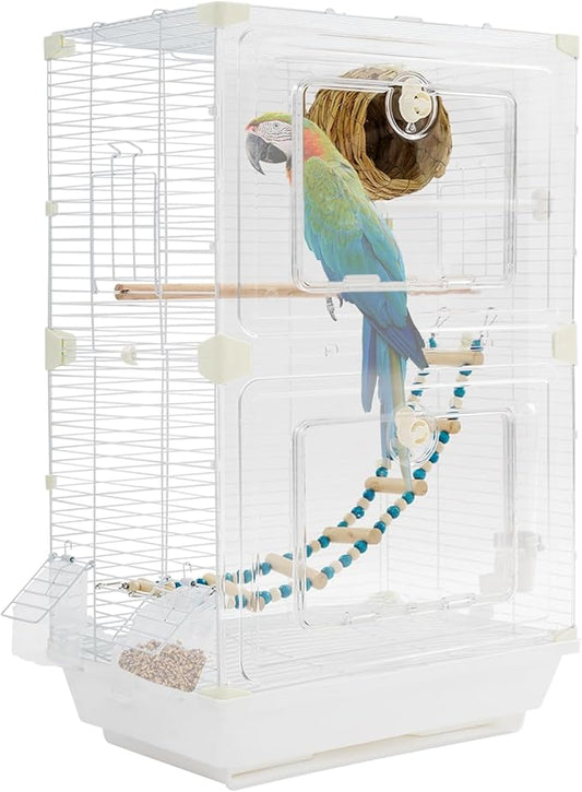 2-Door Wrought Iron Bird Cage Parakeet Cage with Handles, 25" H Parrot Cage Pet Birds Flight Cage, 360° View Interactive Birdcages Bird House Travel Cages for 1-3 Birds (Transparent)