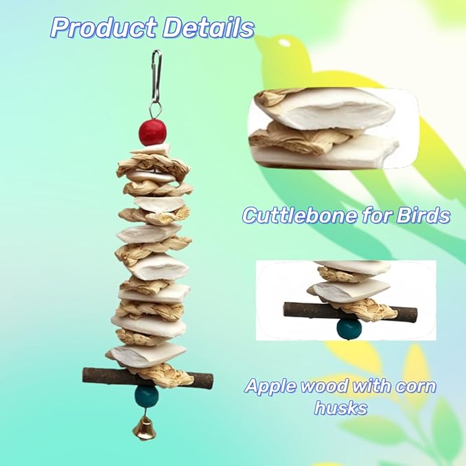 Bird Parrot Toys for Cage, 2 Pack Chew Toys with Apple Wood Slices, Cuttlebone & Colorful Blocks for Parakeets,Cockatoos, Conures, Cockatiels (Apple Wood Chips + Cuttlefish Bone)
