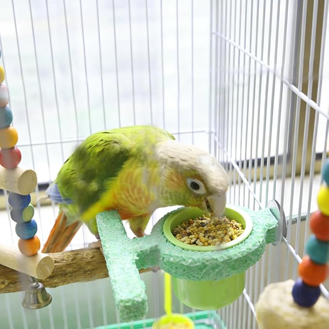 Bird Cage Feeder with Perch Stand Resin Food & Water Cup Holder for Parakeets Cockatiels Lovebirds Finches Small Birds (Green)