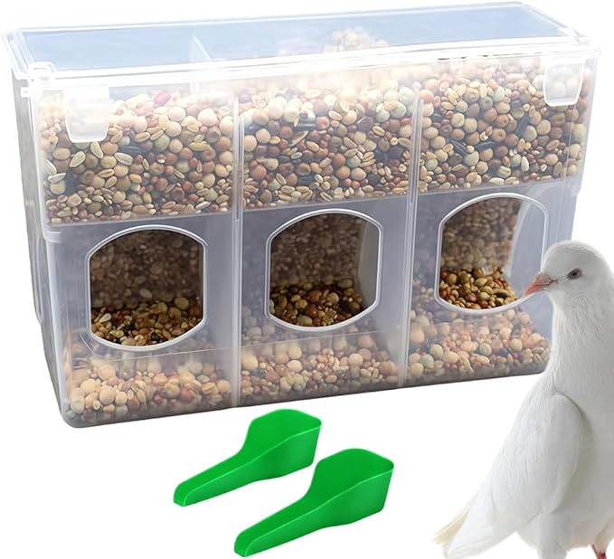 Pigeon Automatic Feeder Plastic Water Dispenser No Mess Hanging Food Feeder for Bird Cage Parakeet Quail Bird Chicken (3 Hole-Hook Design)