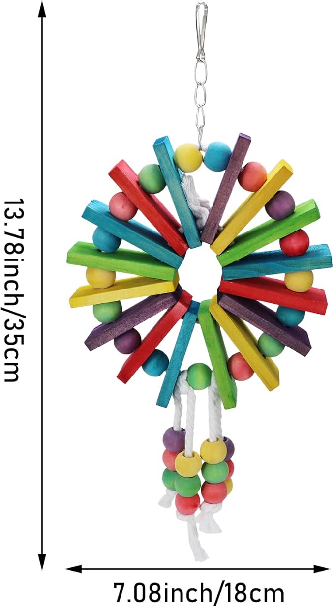 Litewoo Parrot Hanging Chew Toy Bird Bite Swing with Colorful Wood Beads Bells for Parrot Macaw African Greys Cockatiels Cage Accessories (Colorful Wood Toy)
