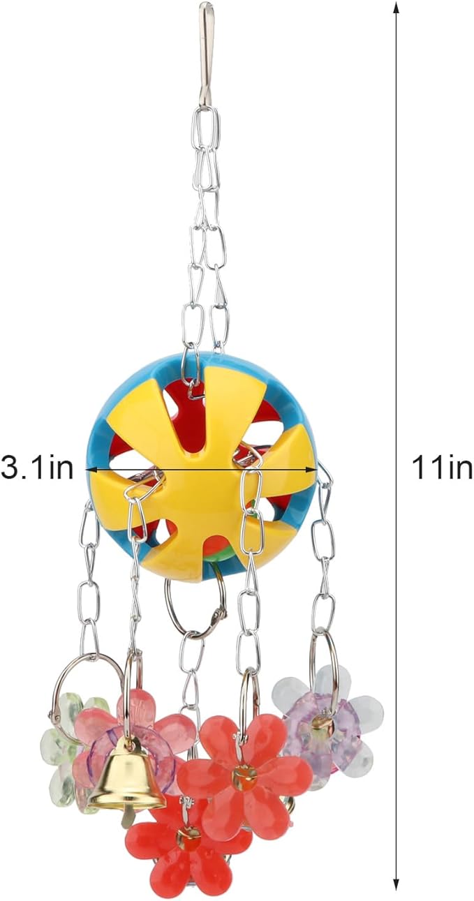 Hypeety Pet Parrot Toy Plastic Colorful Birds Ball with 1 Bell for Budgie African Grey Cockatoo Cockatiel Sun Conures 1 Ball with Plastic Flowers