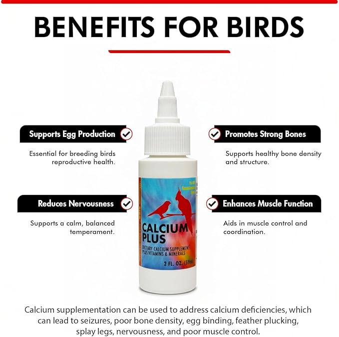 Morning Bird Calcium Plus Liquid for Birds – Calcium Supplement with Vitamins and Minerals for Strong Eggshells, Healthy Bones - Support Growth, Breeding, and Wellness for All Birds 2 Fl Oz