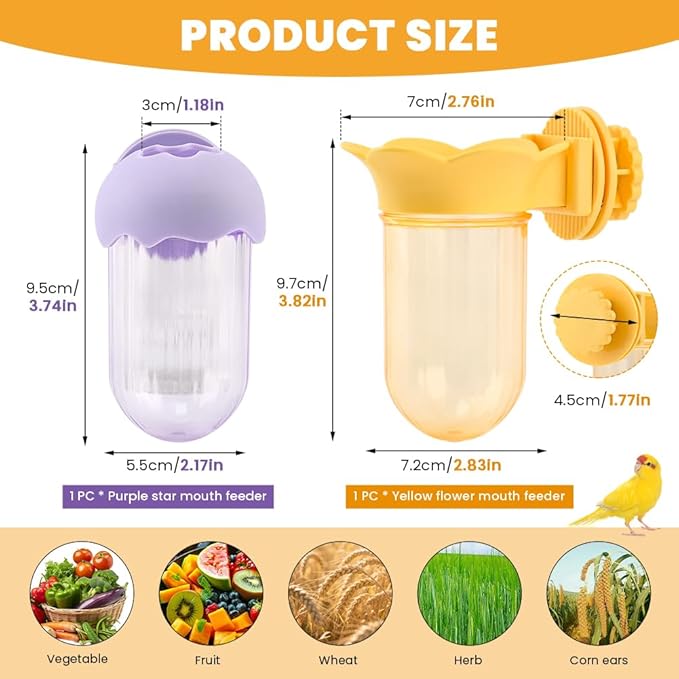 2 Pcs Bird Cage Feeder for Vegetable, Reusable Parrot Veggies Holder Bird Feeder for Cage, No Spill Feeders for Parrots, No Mess Hanging Containers for Cage(Color:Yellow+Purple)