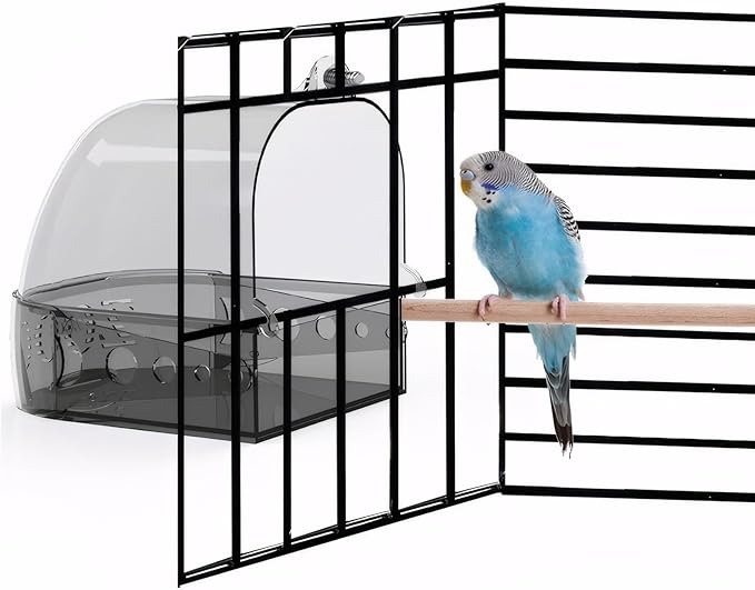Bird Bath for Cage with Pull-Out Drawer, Grey Translucent Parakeet Bath Box for Inside Cage Use, No-Mess Enclosed Tub for Budgie, Canary, Lovebird, Finch, 6.1 x 5.1 x 6 Inches (Gray)