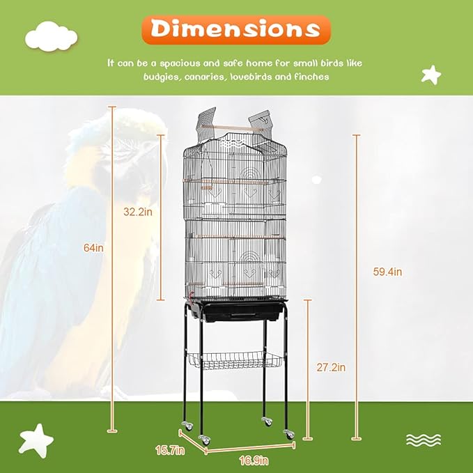 BestPet 64 inch Wrought Iron Bird Cage for Parakeets Medium Small Parrots Parakeet Cage with Detachable Rolling Stand & Play Open Top for Cockatiels Lovebird Finches Canaries (Black)