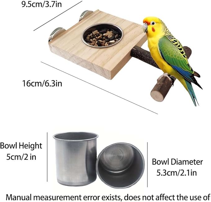 Bird Food Stainless Steel Cups Wooden Perch Stand Hanging Feeder Bowls Feeding and Watering Supplies for Parakeets Conures Cockatiels Budgie Parrot (with One Cup)
