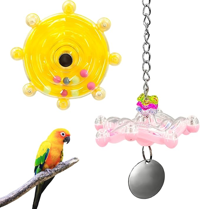 Parakeet Toys, 2 Pack Bird Toys for Parakeets - Interactive Colorful Spinner Wheel Rattle with Bell for Cockatiels, Budgies, Conures, Small Parrot Cage Chewing Exercise Enrichment Toys (Yellow & Pink)