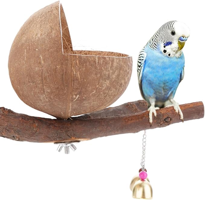 VTurboWay Natural Coconut Shell Bird Nest with Coconut Mat Breeding House Hut Cage with Perch Bell Home for Small Bird Parrot Cockatiel Conure Lovebird Canary Finch