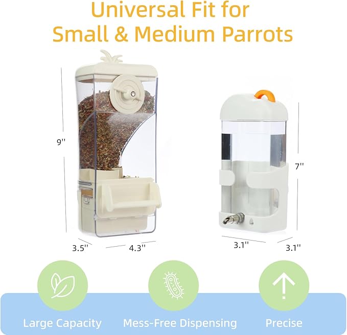 No-Mess Bird Feeder & Waterer Set for Cage, 300ml Auto Feeder with Seed Hull Catcher & 400ml Stainless Steel No-Backflow Drinker, for Cockatiels Conures Parakeets