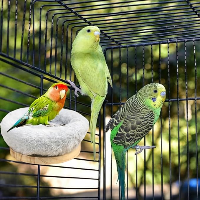 2Pcs Bird Perch Stand Platform Plush Parrot Hanging Hammock Warm Bird Nest Snuggle Hut Birds Sleeping Bed Wood Perch for Parrot, Budgies, Parakeet, Cockatiels, Conure, Lovebirds-Purple&Grey