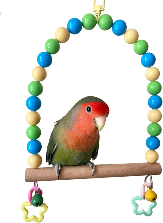 Wooden Bird Swing for Cage Large Parrot Hanging Toys with Colorful Beads Bell Cockatiel Perch Stand Parakeet Climbing Training Toy Playground Gym Birdcage Accessories for Macaws Quaker Conures