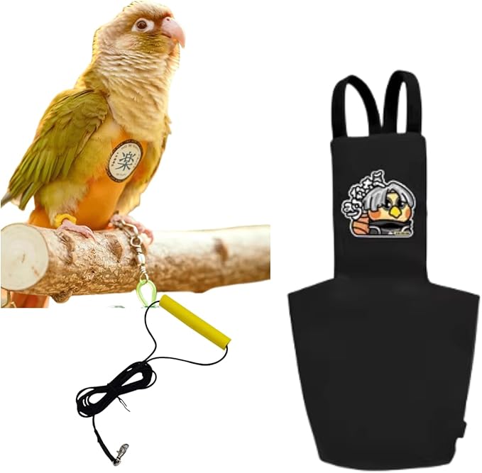 MANON ROSA Bird Diapers Leash Set Washable Reusable Handmade Flight Suit Waterproof Inner Layer - Protective Parrot Nappy Clothes Parakeets Macaws Budgies Canaries (Black3,Sun Conure)