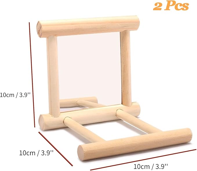 2Pcs Bird Mirror Parakeet Mirror Perch Stand Wooden Swing Mirror Toy Cage Accessories for Parrots Budgies Parakeets Cockatiels Lovebirds Finches