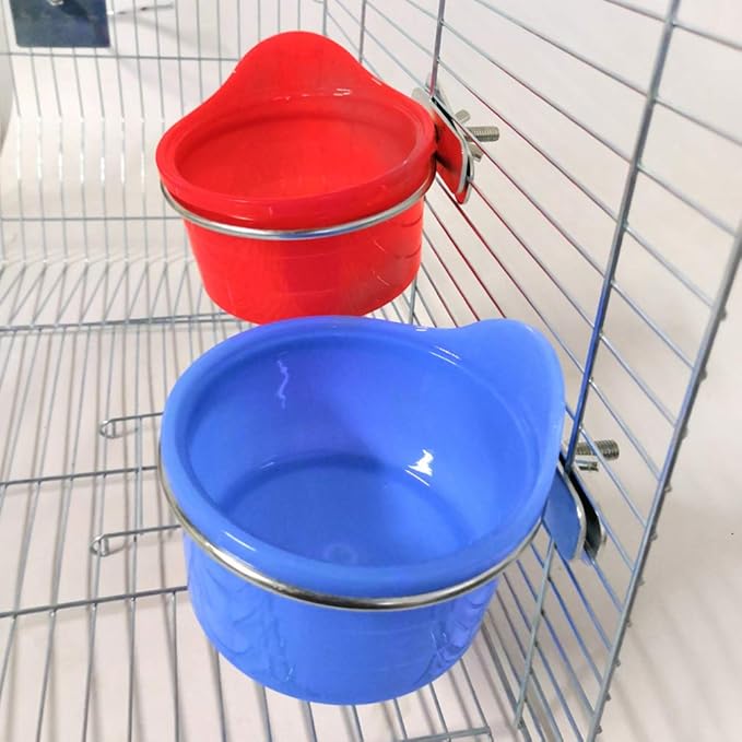 POPETPOP Bird Feed Cups for Cage-Pet Food & Water Bird Cup with Clamp Holder for Parakeet Parrot Macaw Cockatiels Conure Lovebird Finch Small Animal Cage Bowl-2 Pack