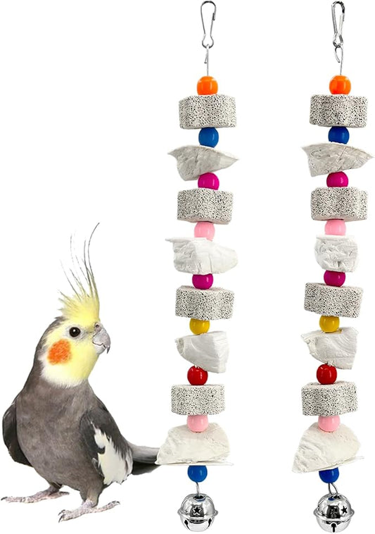 2Pcs Cuttlebone for Birds with Jingler - 14.5" Natural Calcium Stone & Mineral Chew Toy for Beak Trimming, Teeth Grinding - for Parakeet, Conure, Cockatiel, Finch, Hamster, Chinchilla