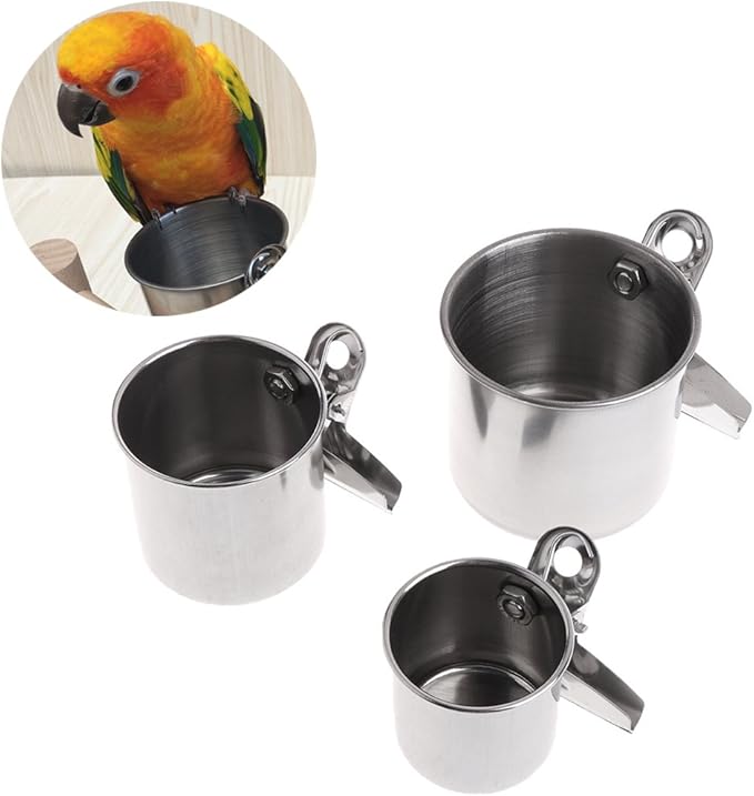 Bird Feeder Stainless Steel Bowls for Cage Parakeet Food Dish Parrot Water Cups with Clip for Canary Lovebird Bird Seed No Waste