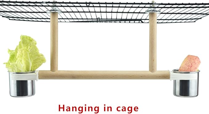 Bird Feeder & Water Dish Set, Beech Wood Made Cage Top Bird Feeder Perch with Stainless Steel Cups, Playground Accessories for Parrots Cockatiels Finches